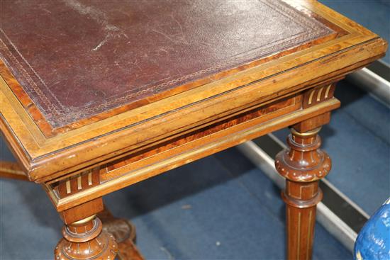 Gillows & Co. A Victorian parcel gilt thuya wood and burr wood combined card and writing table, W.3ft D.1ft 7in. H.2ft 5in.